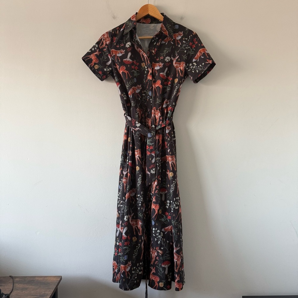 Romwe Midi Dress Size XS Whimsy Cottagecore Fairy Witchy Dark Fungi Belted